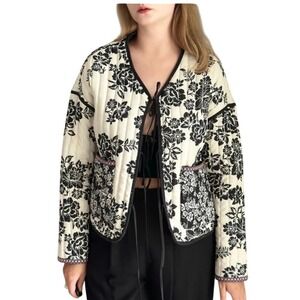 Reversible Quilted Floral Jacket Black White Tie Front Boho Lightweight Coat